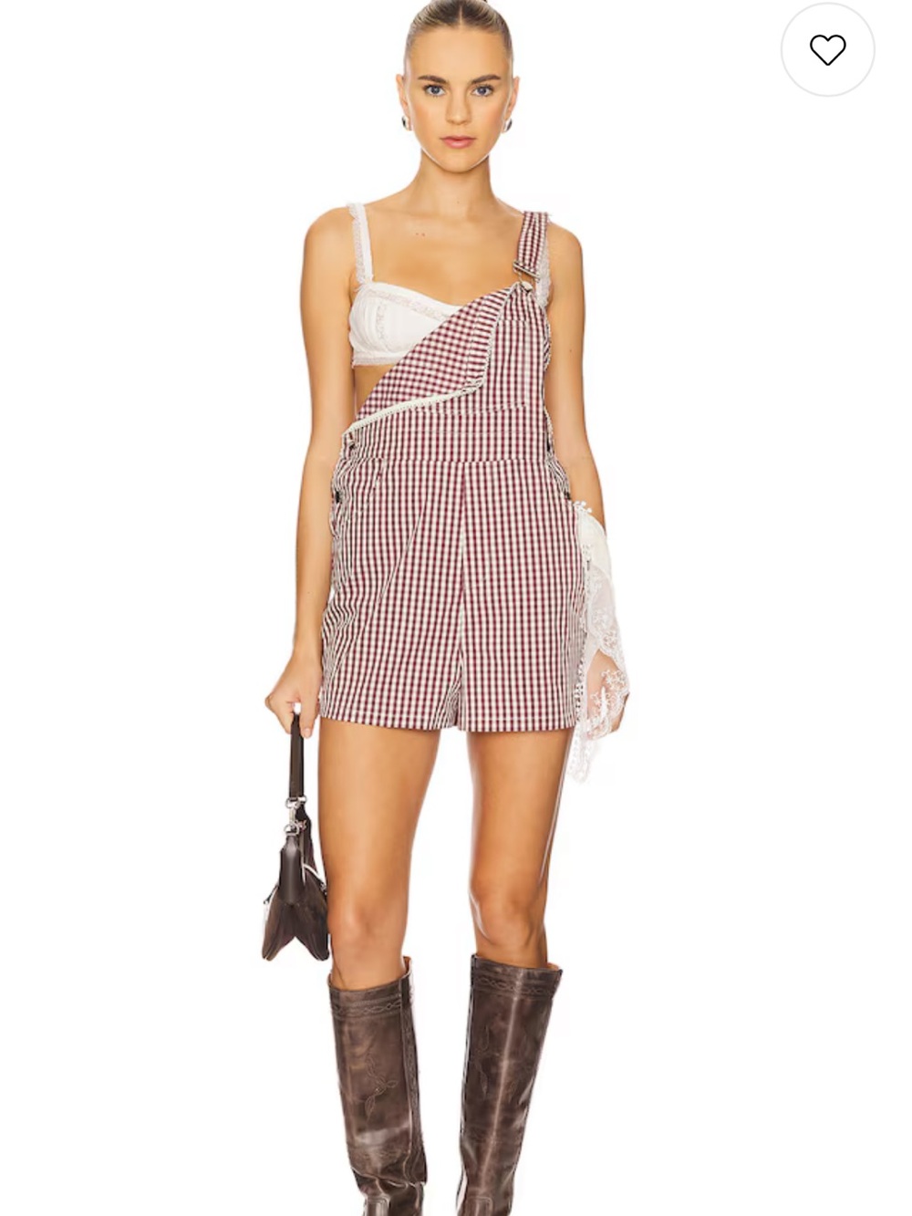 NWT WeworeWhat Basic Short Overalls in Gingham Plum and Ivory Multi Sz S